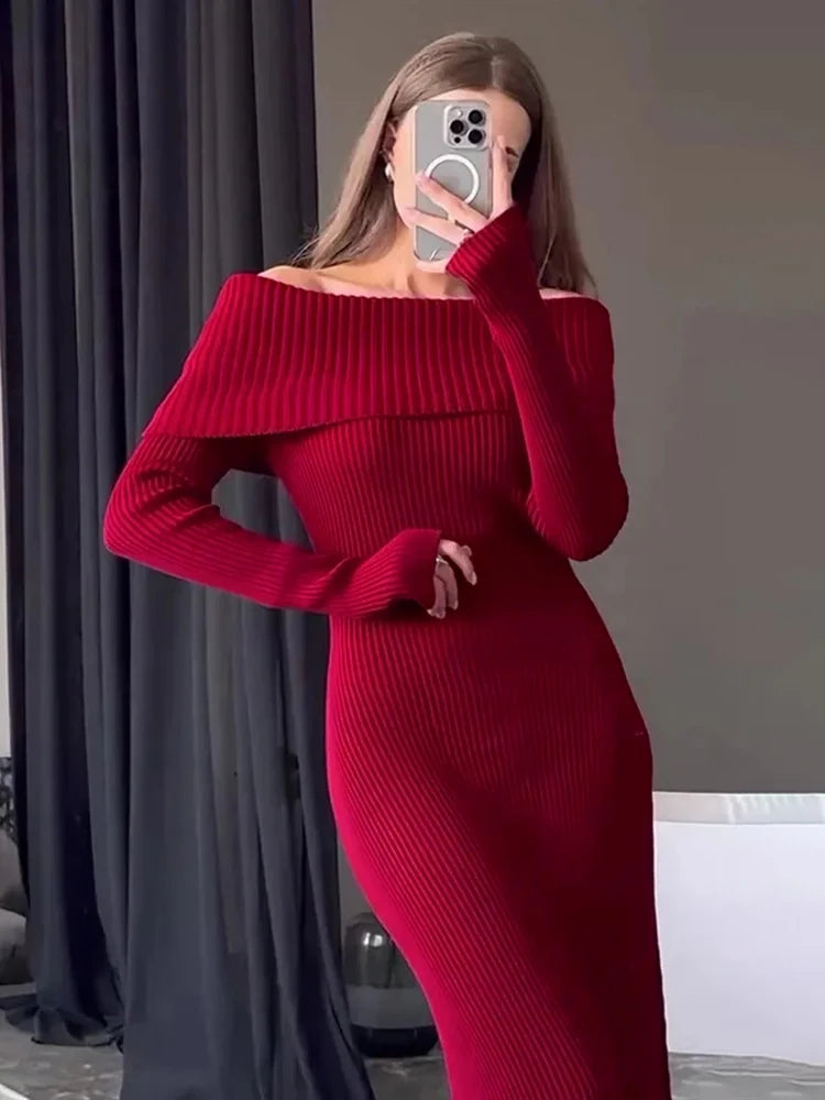 Women's Long Off-Shoulder Ribbed Loose High Waist Knitwear Maxi Dress