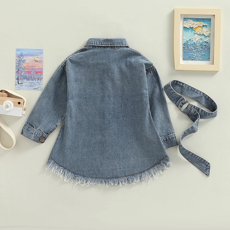 1-6Y Girls Denim Dress and Waistband Blue Denim Long Sleeve Single-breasted A-Line Dress