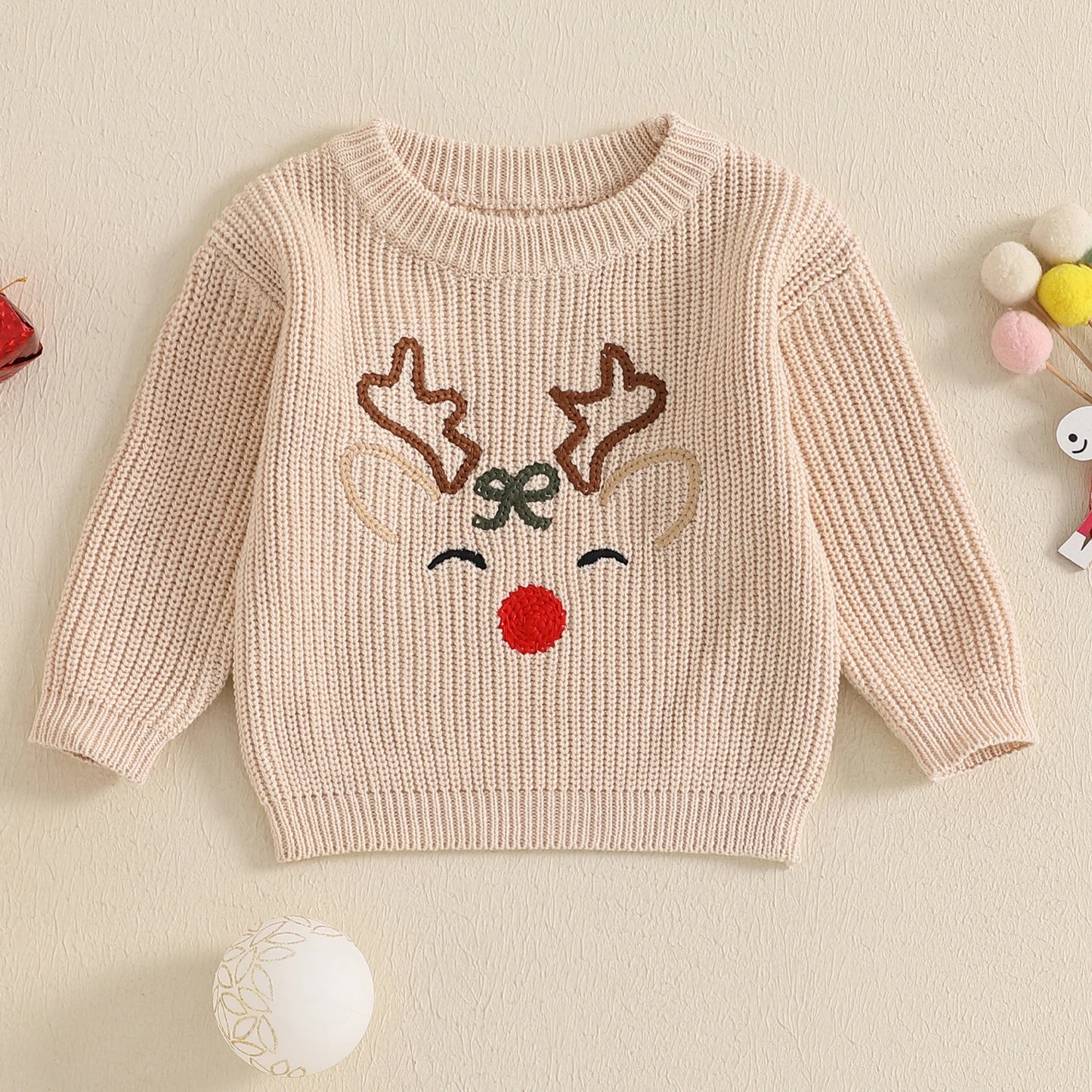 0-3Y Toddler Baby Boys Girls Christmas Sweater - Reindeer Embroidery Long Sleeve Round Neck Knitwear Pullover