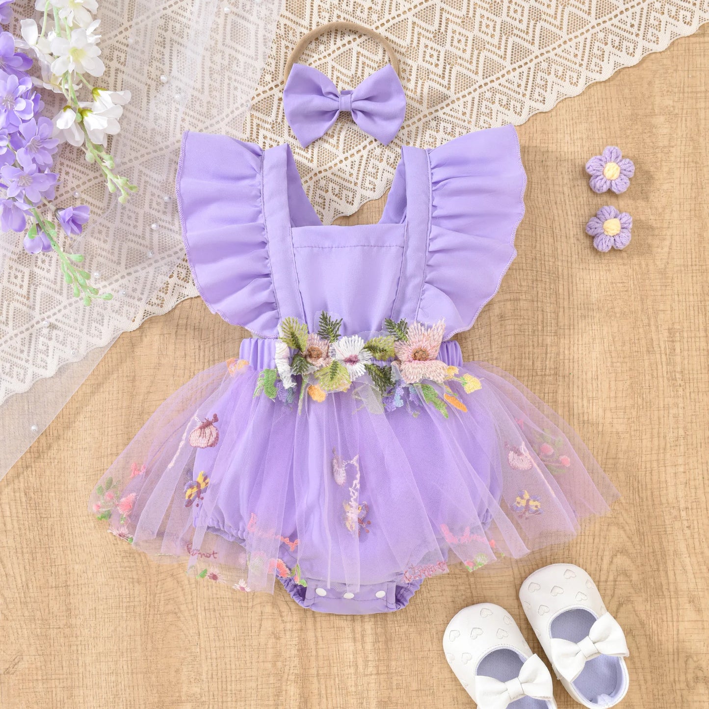 Baby Girls Romper Dress Set - Ruffles Fly Sleeve Flower Embroidery Tulle Jumpsuit