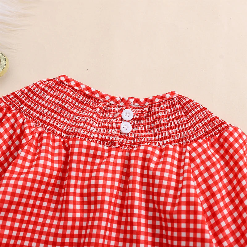 Christmas Santa Embroidery Plaid A-Line Dress - Girls Long Sleeve Festive Dress