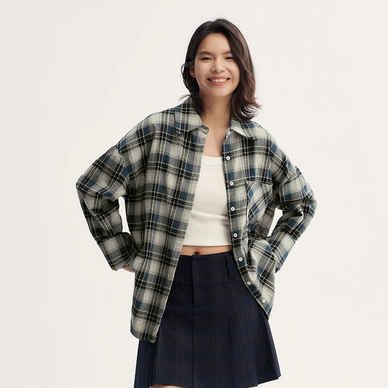 Oversized Drop Shoulder Plaid Shirt Loose Retro Casual Stylish Top
