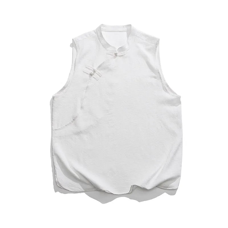 Men's Summer Tank Top Chinese Style Loose Stand Collar Cotton Casual Breathable Sleeveless Vest