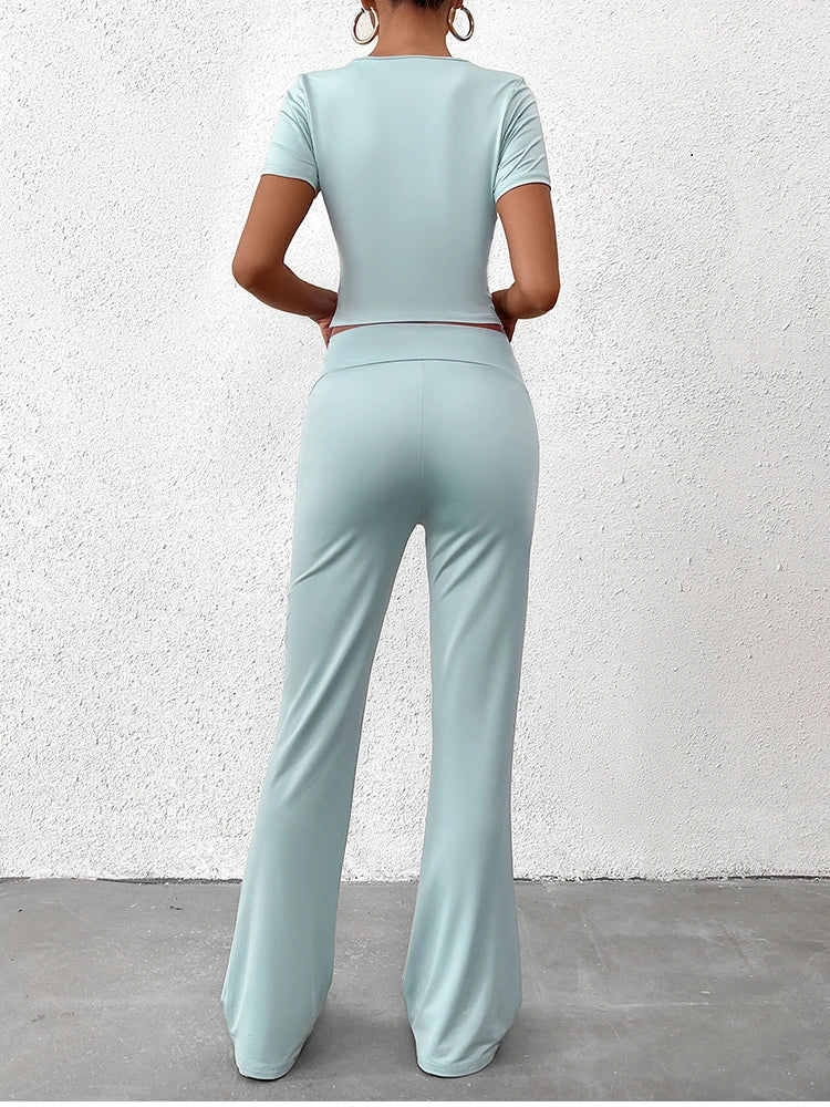 Women's Two-Piece Yoga Set - Short Sleeve T-Shirt & Straight Pants