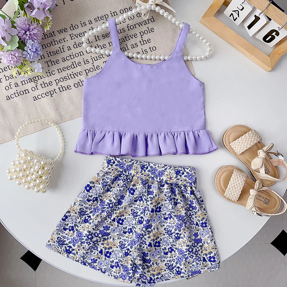 Girls' Summer Outfit Set - Solid Suspender Top with Floral Shorts 2-Piece