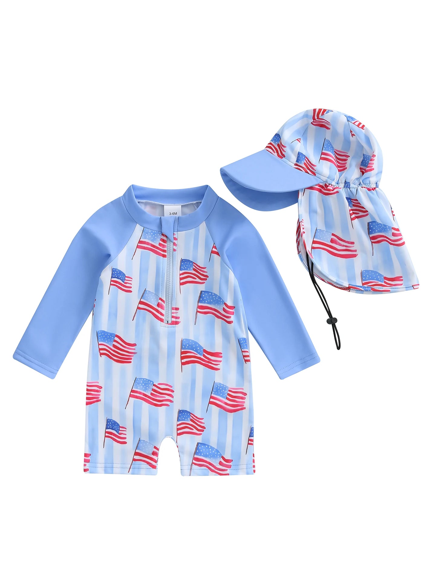 0-5Y Kids Boys Rash Guard Swimsuits Flag Print Long Sleeve Zip Up Bathing Suit with Neck Flap Sun Cap