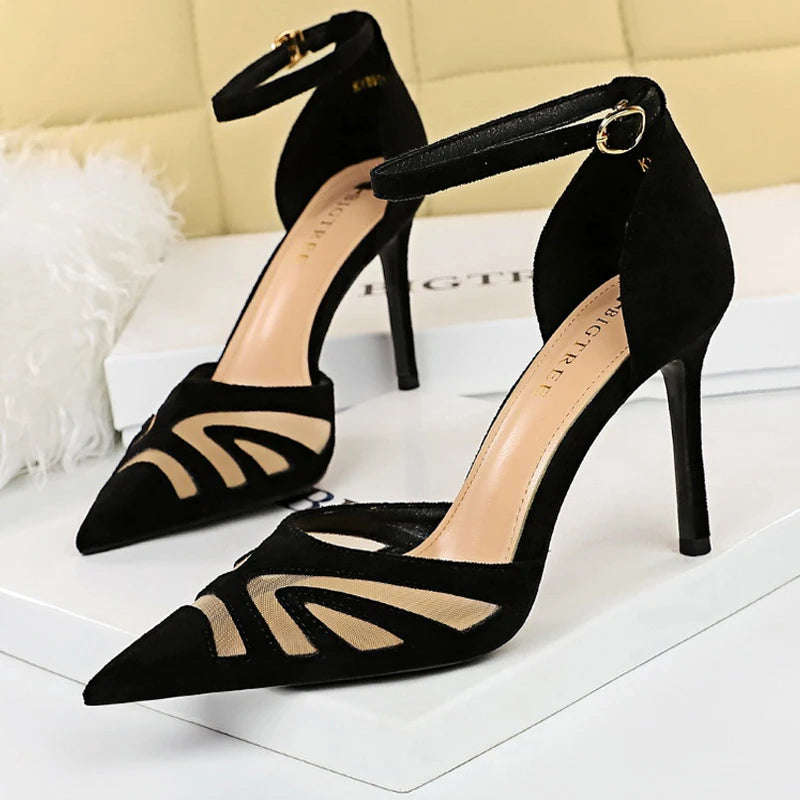 Women's Mesh Hollow Suede High Heels Stiletto Shoes