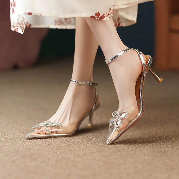 Women's Pointed Toe Rhinestone Wedding Sandals - Bowknot Pendant Pumps