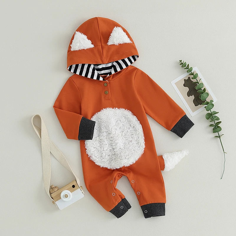 0-18M Baby Girls Boys Jumpsuit - Cartoon Fox Patchwork Long Sleeve Hooded Playsuit Romper