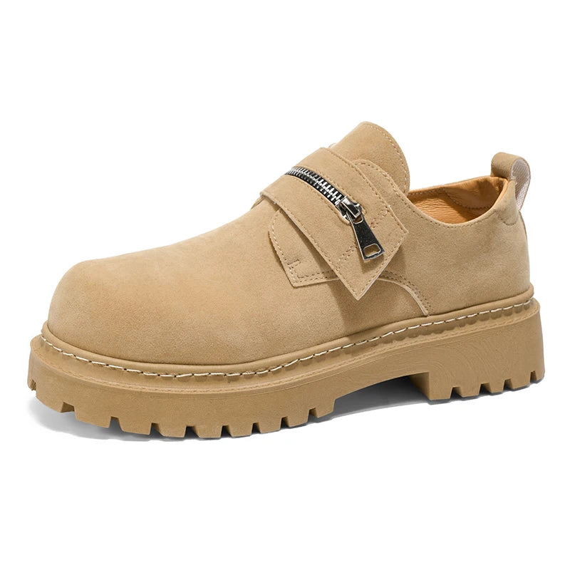 Men's Suede Leather Platform Work Shoes - Zipper Business Sneakers