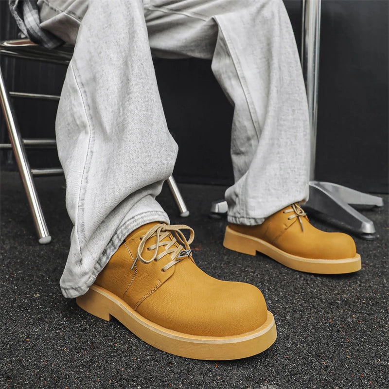 Men's Platform Leather Sneakers - Lace-Up Work Shoes