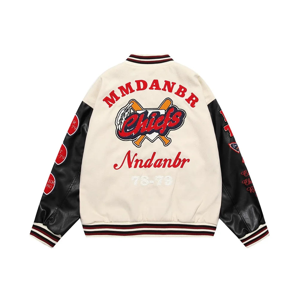 Men's Vintage Flocked Embroidery Patchwork Varsity PU Leather Sleeve Baseball Jacket