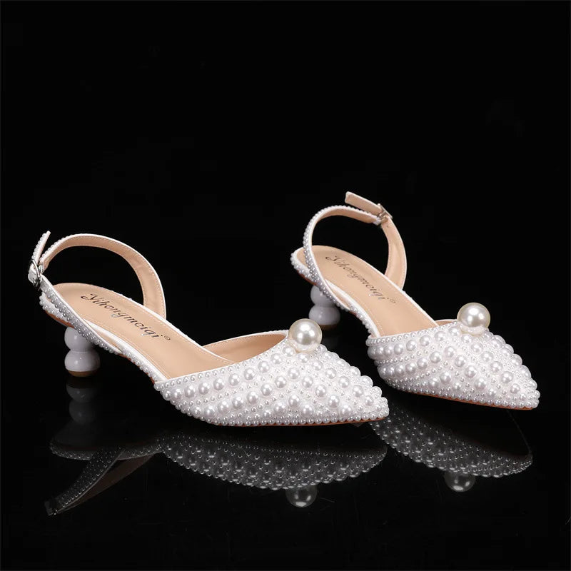 Women's 5cm Round Heel Shaped Heel Pearl Sandals