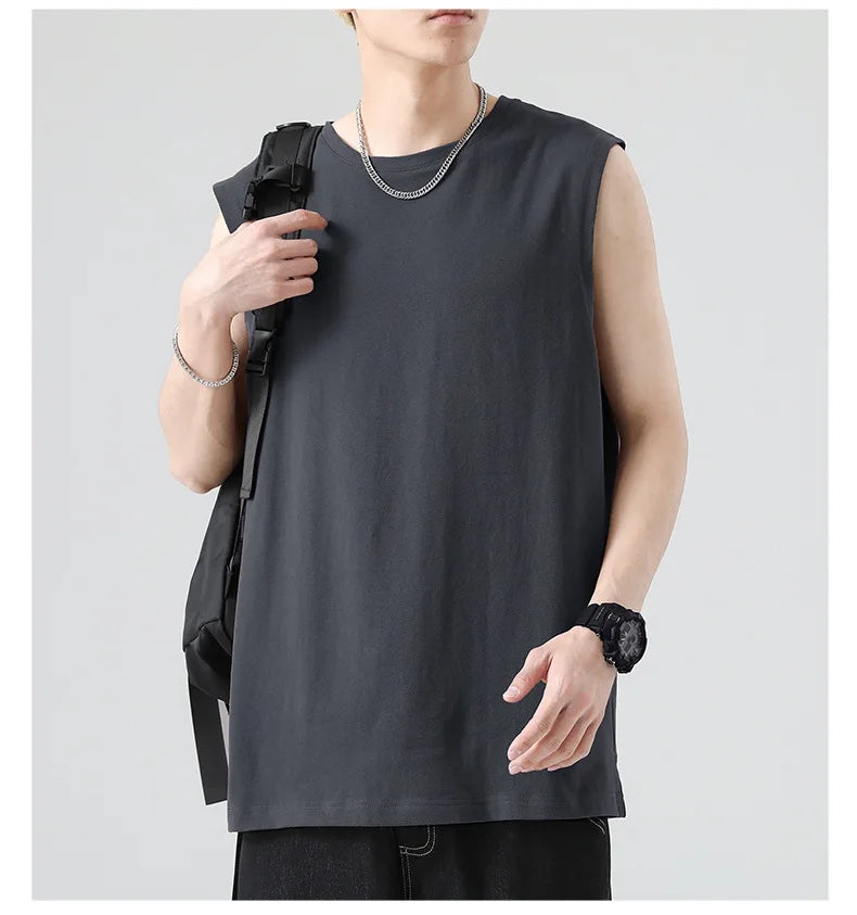 Men's Summer Cotton Sleeveless Loose Vest Sports Comfortable Breathable Round-Neck Tank Top