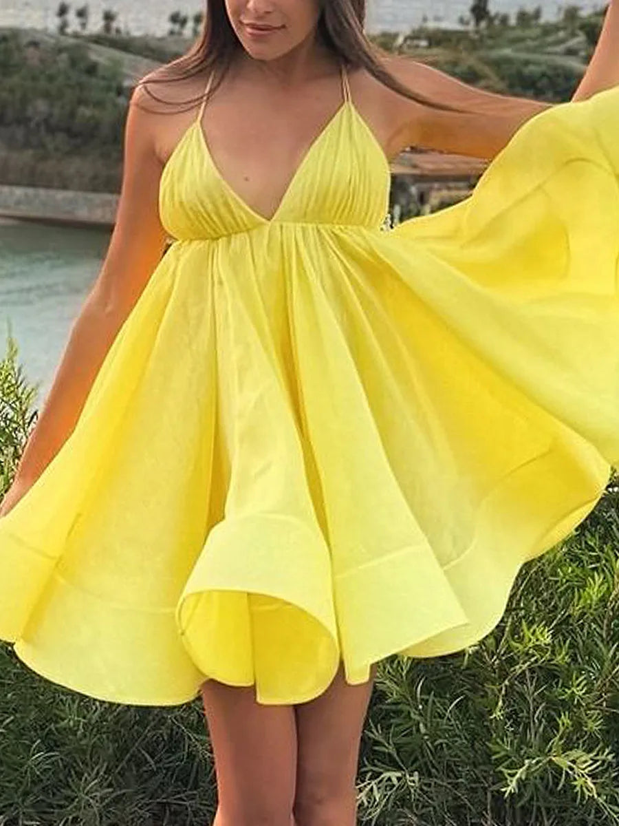 Women's A-Line Backless Mini Dress - V-Neck Bandage Summer Beachwear