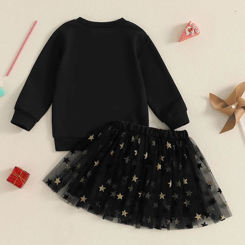 1-7Y Girls New Year Clothes Sets 2pcs Letter Embroidery Long Sleeve Sweatshirt Tops and Lace Tutu Skirts