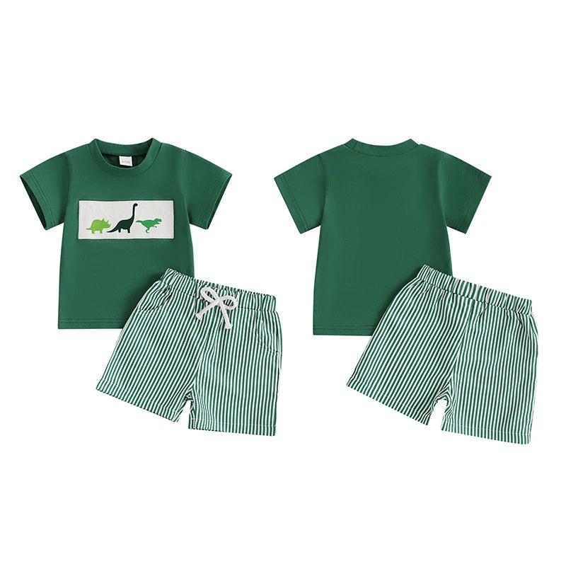 Baby Boys' Casual Outfit Set - Animal Embroidery Short Sleeve T-Shirt & Striped Shorts 2pcs