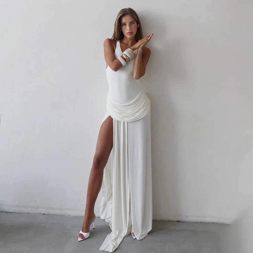 Women's Ruched Split Maxi Dress - Elegant Sleeveless Evening Gown