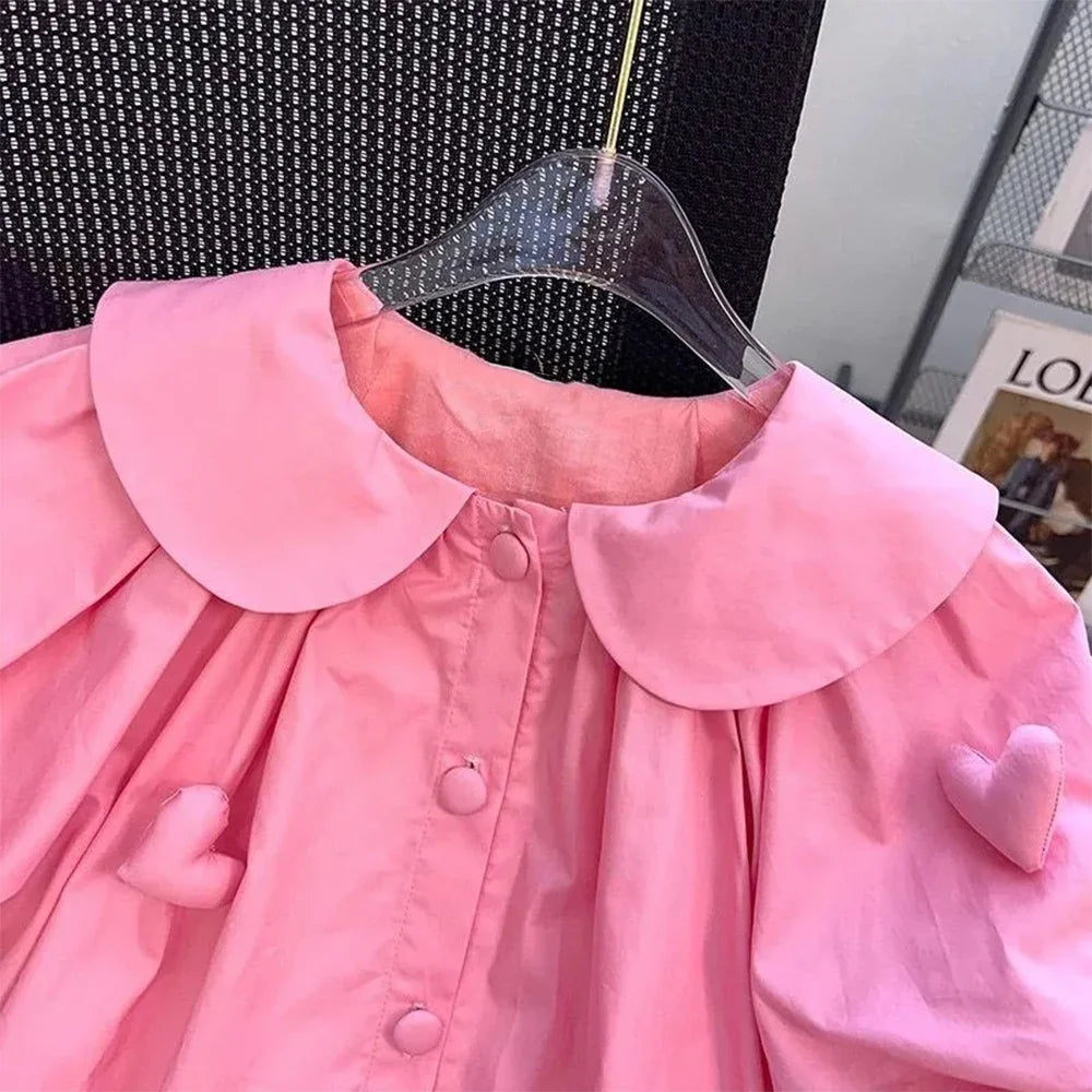 Girl's Summer Polo Collar 3D Love Decal Bubble Sleeve Princess Dress