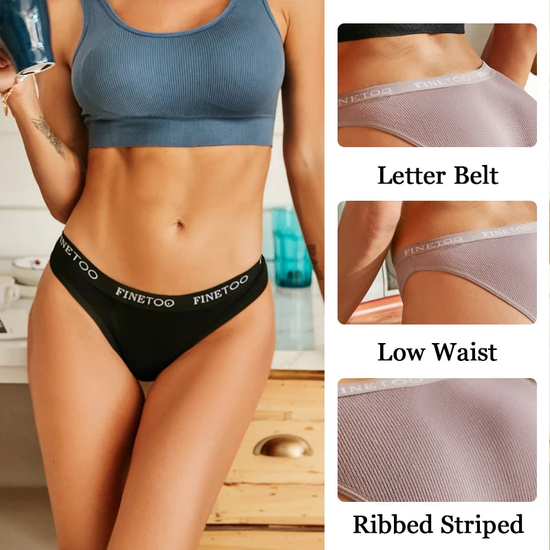 Women's 4Pcs Cotton Striped Underwear Panties Letter Belt Briefs  Low Waist Lingerie