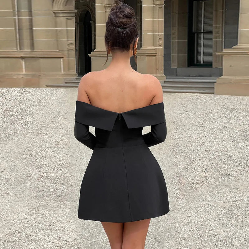 Women's One-Shoulder A-Line Elegant Slim Mini Flare Long Sleeve Splice Dress