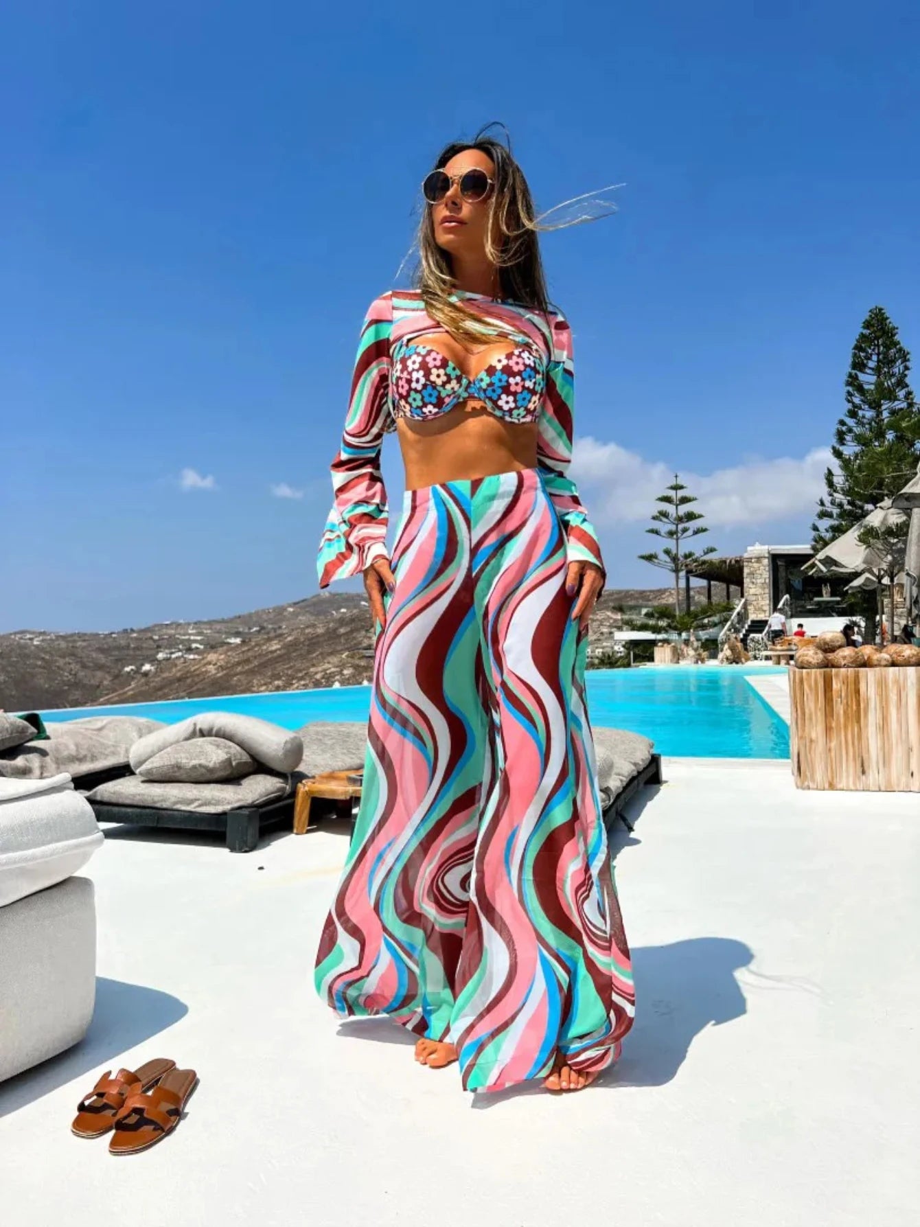 Women's Strapless Tie-Flower Crop Top & High Waist Wide Leg Trousers Set