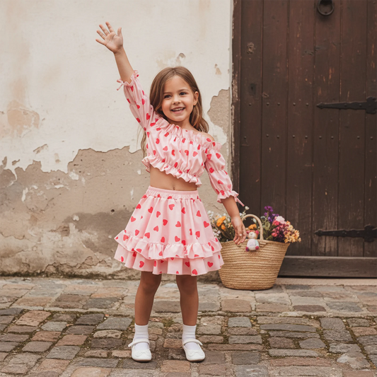 Valentine's Day Girls Outfit Set - Heart Print Off Shoulder Top & A-Line Skirt