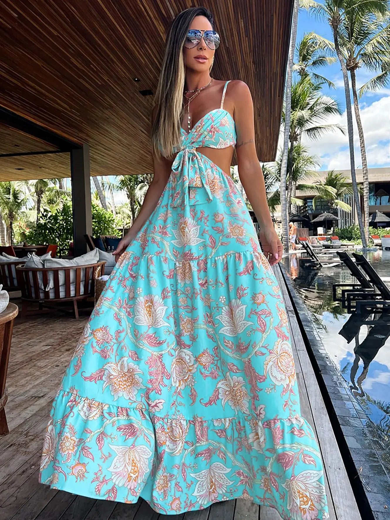 Women's Halter Printed Swimwear Loose Dress Backless Bikini Cover Up