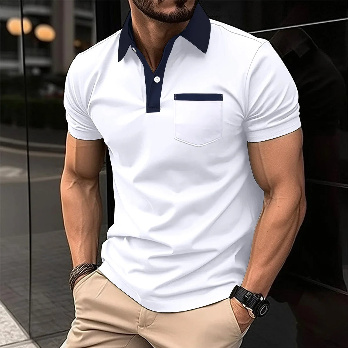 Men's Cotton Blends Polo Turn Down Collar Short Sleeve Smart Casual Patchwork Shirt