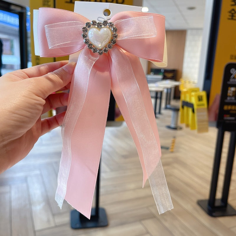 Crystal Pearl Heart Bow Brooch - Elegant Collar Pin Corsage