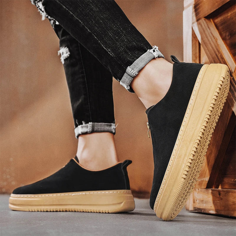 Men's Suede Leather Platform Work Shoes - Zipper Casual Business Sneakers
