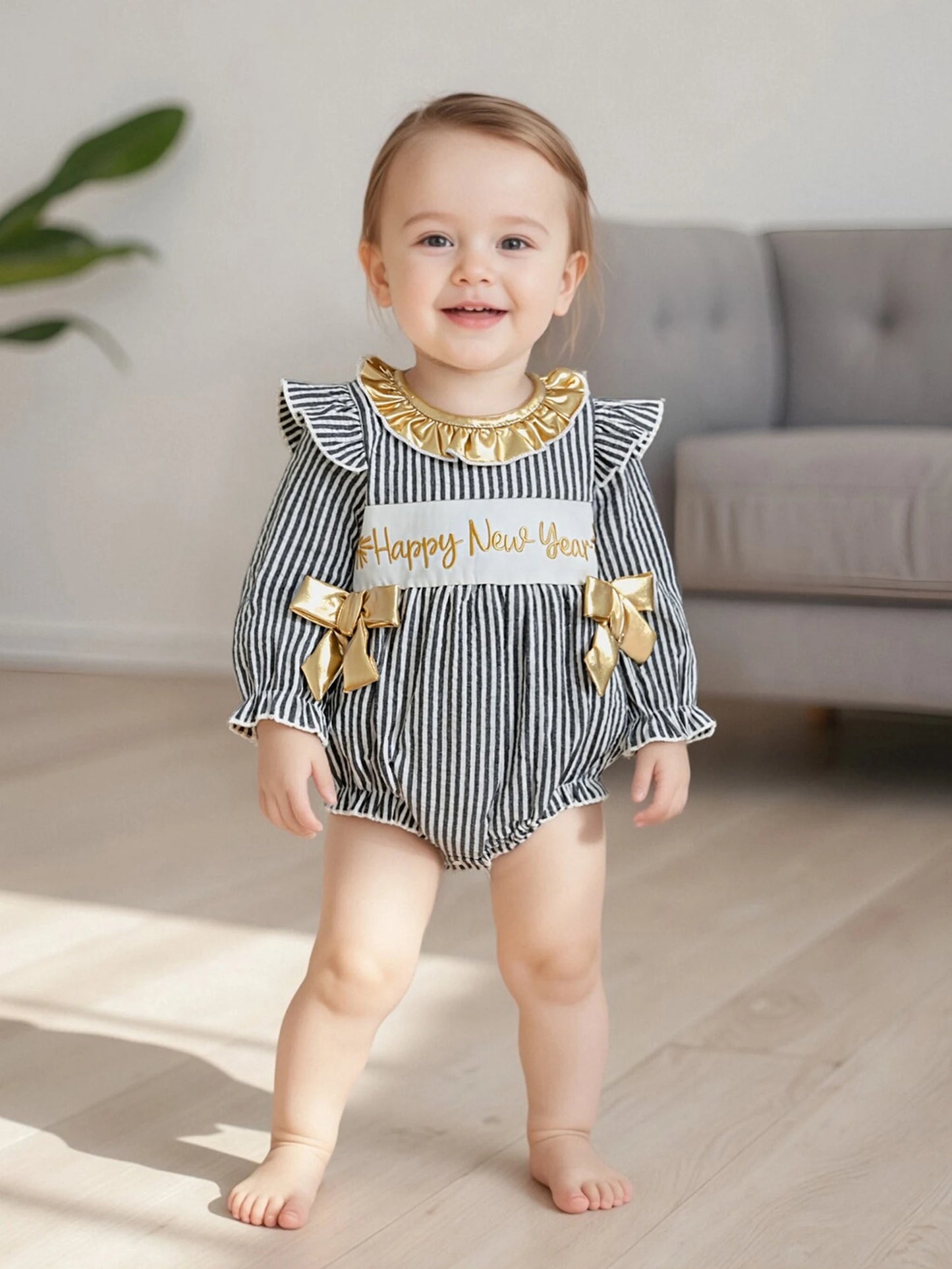 Baby Girls New Year Romper - Stripe Print Letter Embroidery Ruffled Jumpsuit
