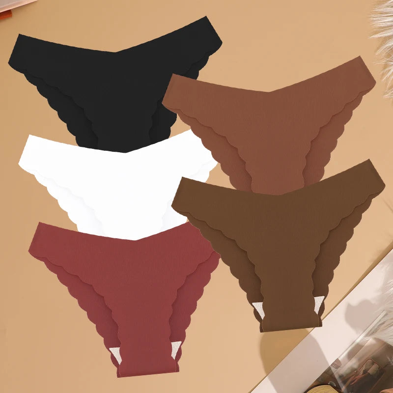 Women's 5Pcs Ice Silk Ruffles Underwear V Waist Panties Seamless Low-Waist Briefs  Comfortable Lingerie