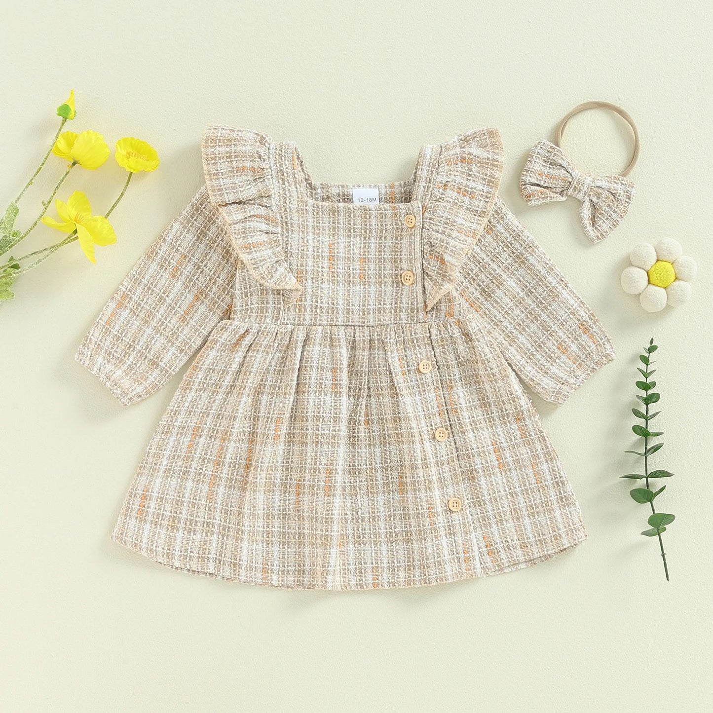 1-5Y Girls Plaid Princess Long Sleeve Square Neck Ruffles Buttons Casual Fall Dress with Headband