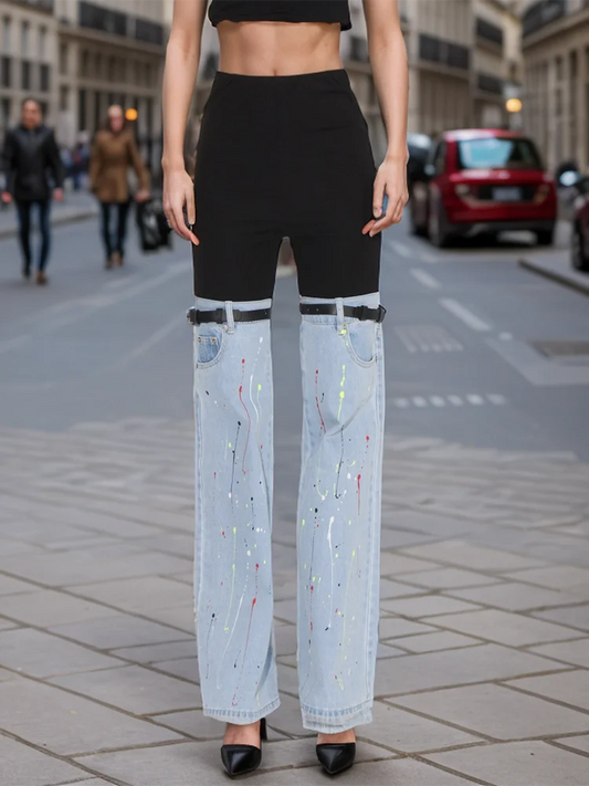 Women's Hit Colour Temperament Spliced Belt Denim Trousers