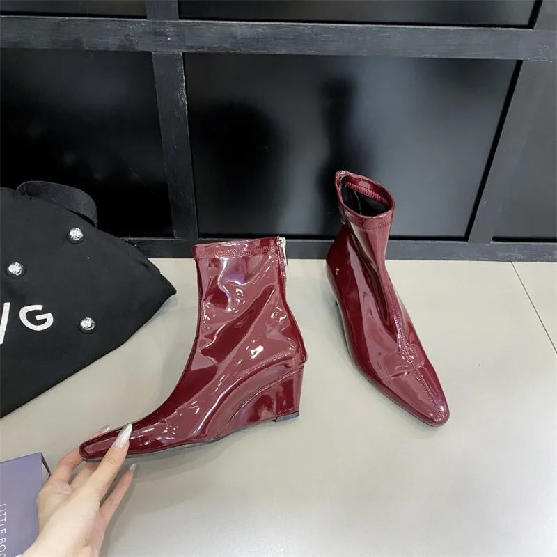 Patent Leather Pointed Toe Chelsea Ankle Boots | Wedge Heel & Rear Zip