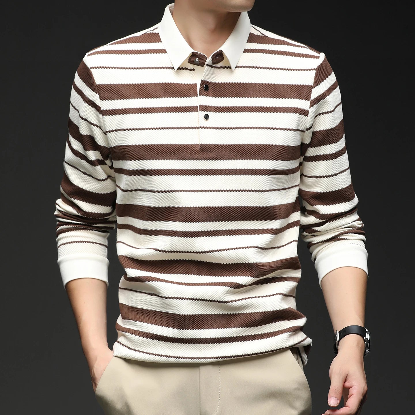 Turn Down Collar Striped T-Shirt - Smart Casual Breathable Tee