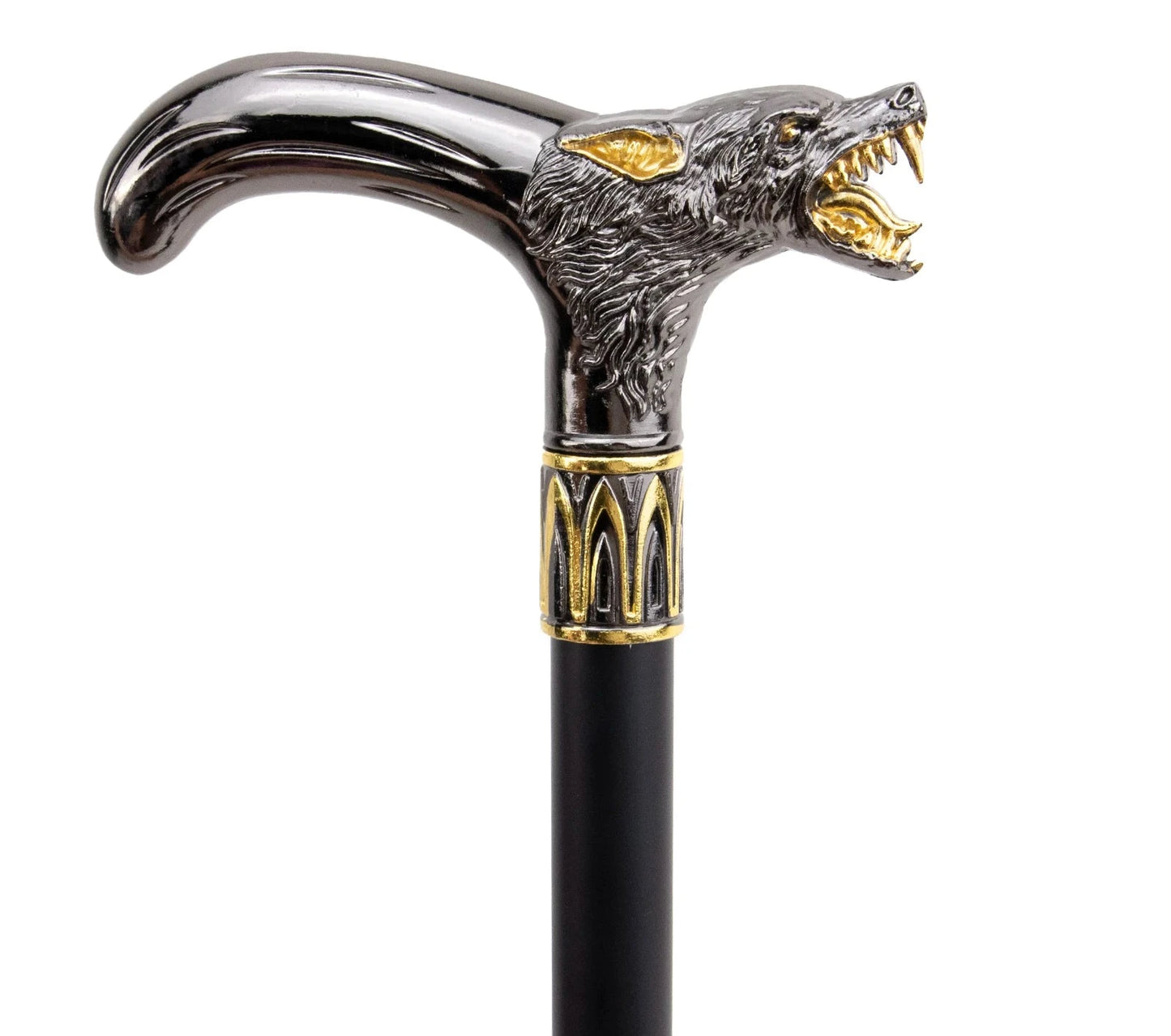 Golden Black Wolf Head Biting Walking Cane  93cm