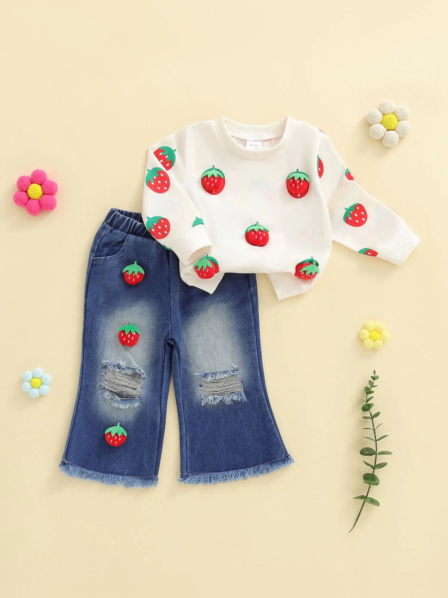 Kids Girls Fall Winter Clothes Set - 3D Strawberry Long Sleeve Pullover Top & Ripped Denim Flare Pants