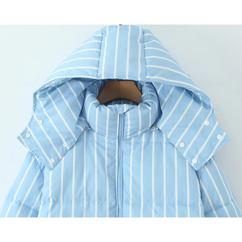 Striped Hooded Bread Jacket - Front Zipper Long Sleeve Warm Coat