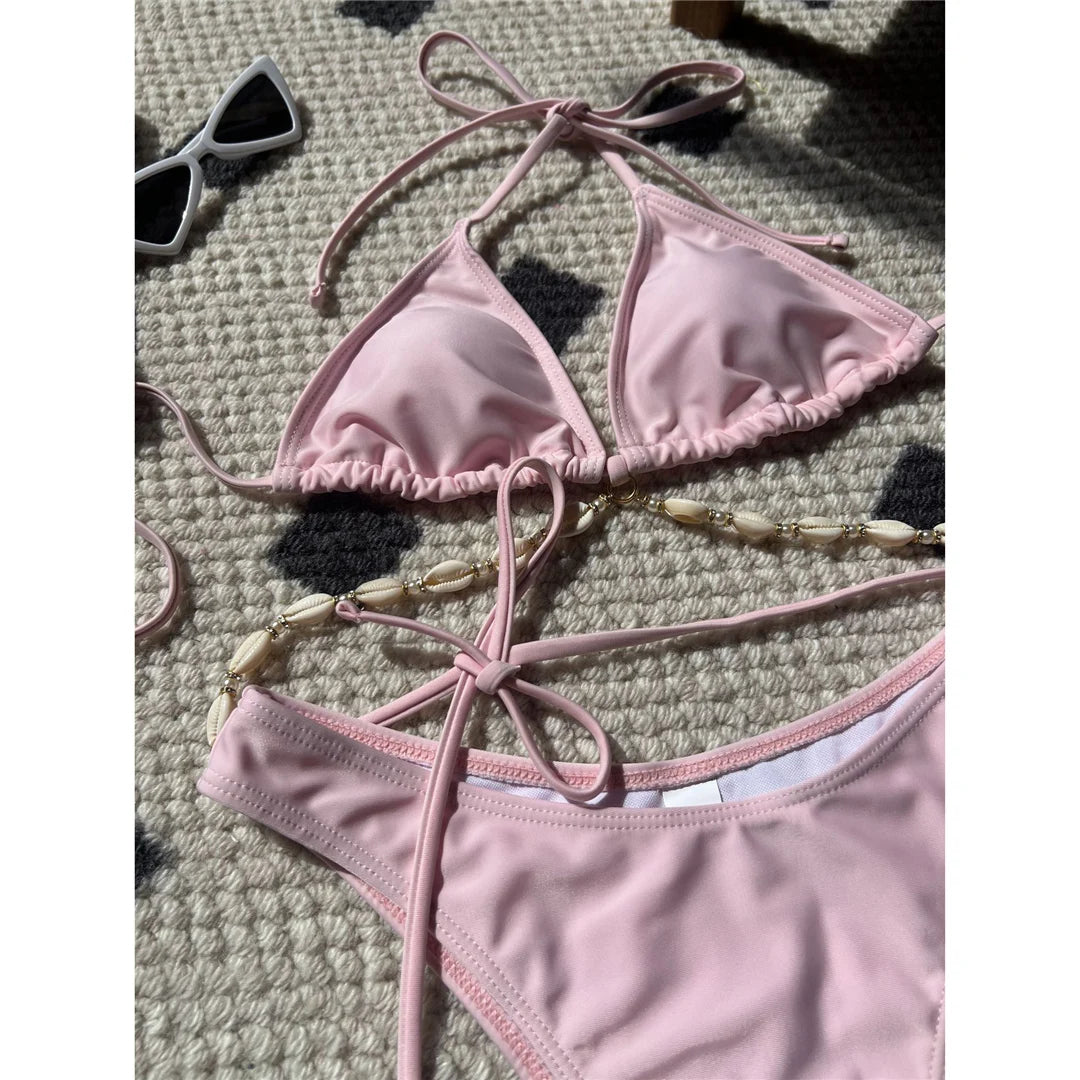 Women's Halter Shell Brazilian Bikini Set | Wire-Free Padded Two-Piece Swimwear