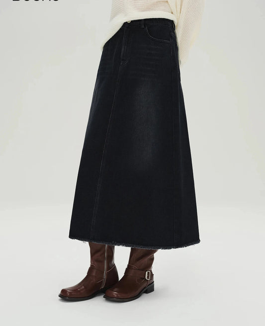 Black Denim Skirt High Waist Slimming Long Midi Skirt