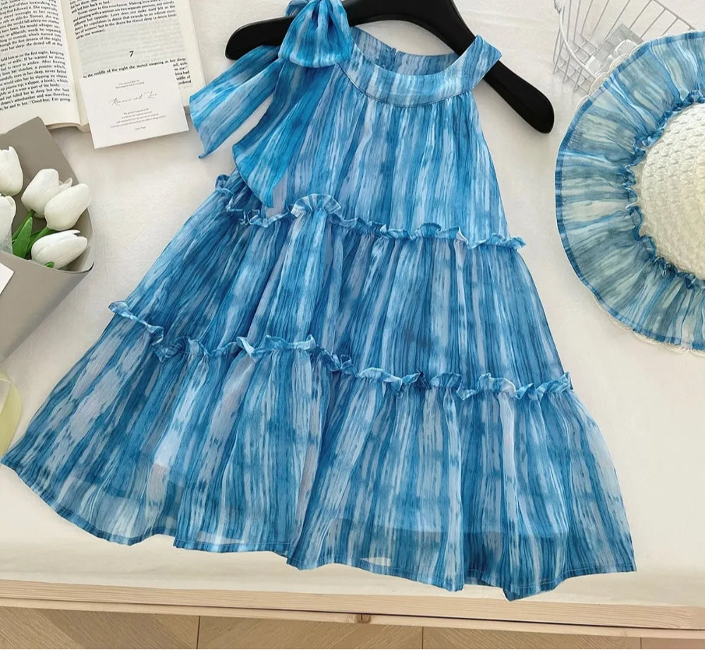 Girl's Summer Casual Round Neck Sleeveless 3D Bow Pleated A-line Dress 4-7 Years Old