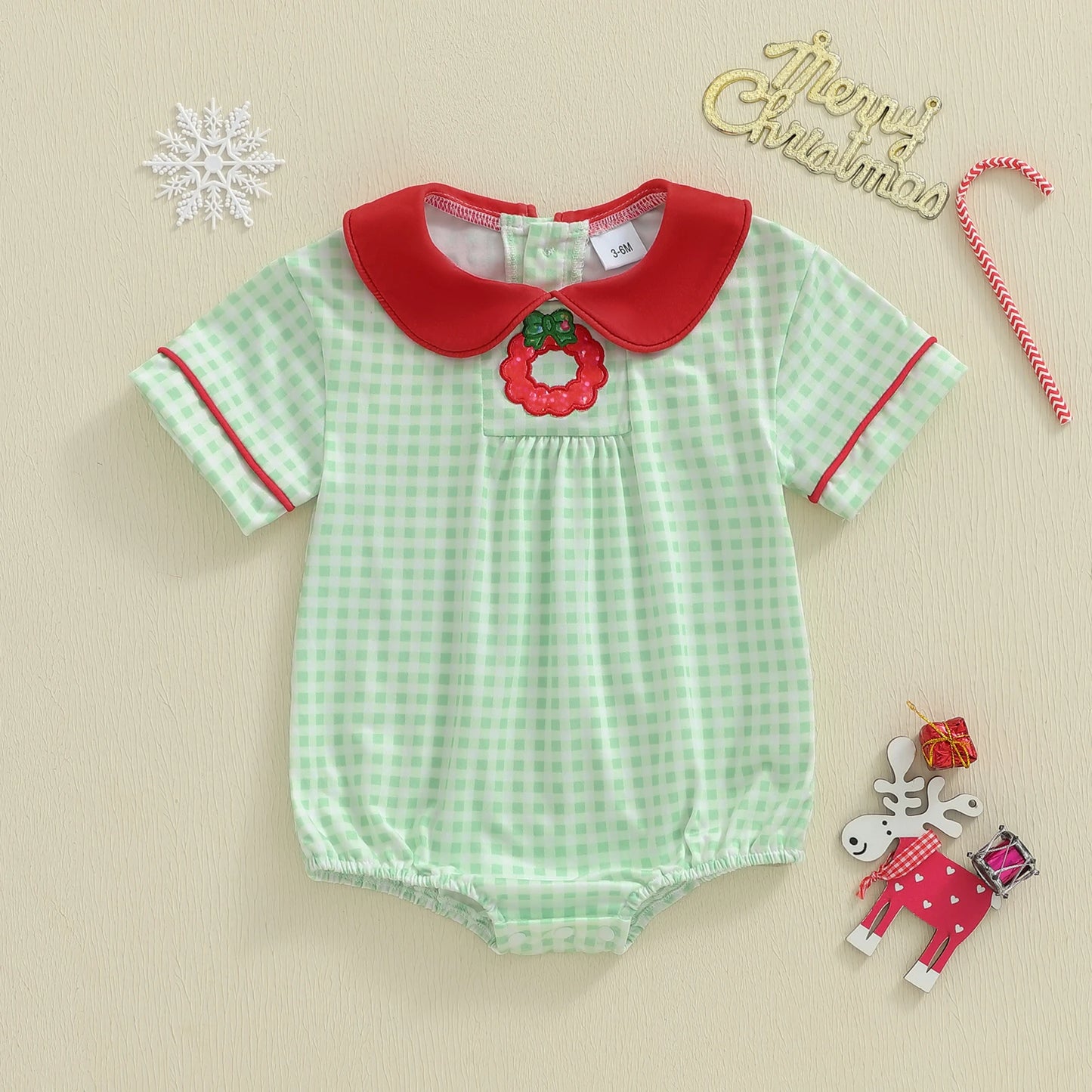 Baby Girls Plaid Romper - Wreath Embroidery Short Sleeve Doll Collar Bubble Jumpsuit