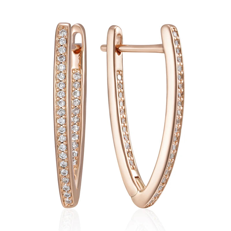 Rose Gold V-Shape Hoop Earrings - Natural Zircon Women's Jewelry