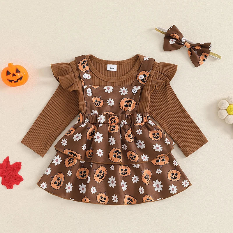 Baby Girl's Halloween Outfit Set - Ribbed Romper, Pumpkin Suspender Skirt & Bow Headband