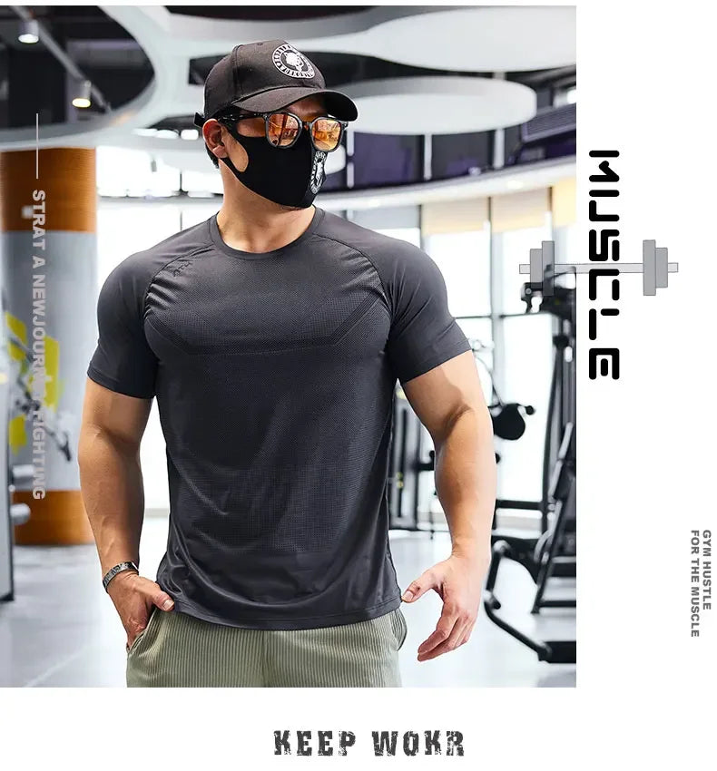 Men's Dry Fit Sport Short Sleeve Running Compression Sweatshirt Tight Sportswear Gym Fitness Elastic Shirts Top Rash Guard T-Shirt