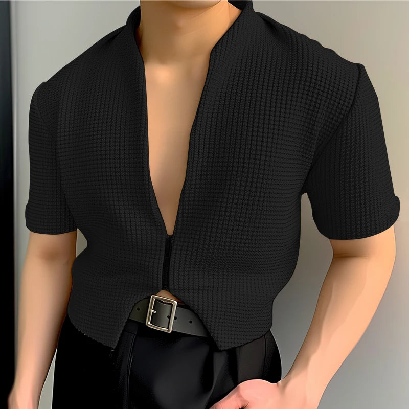 Men V Neck Short Sleeve Zipper Irregular Crop Top Shirt