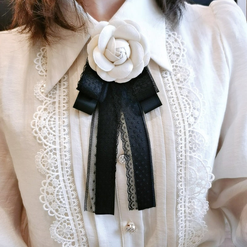 Vintage Camellia Flower Brooch with Lace Bow Tie