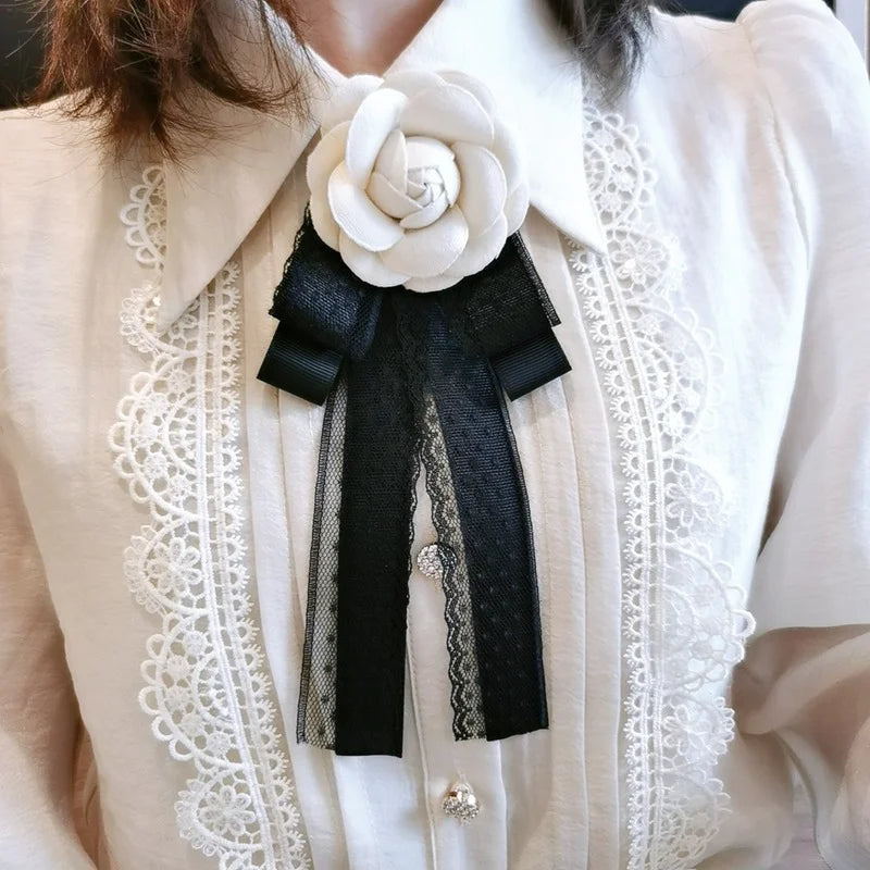 Vintage Camellia Flower Brooch with Lace Bow Tie